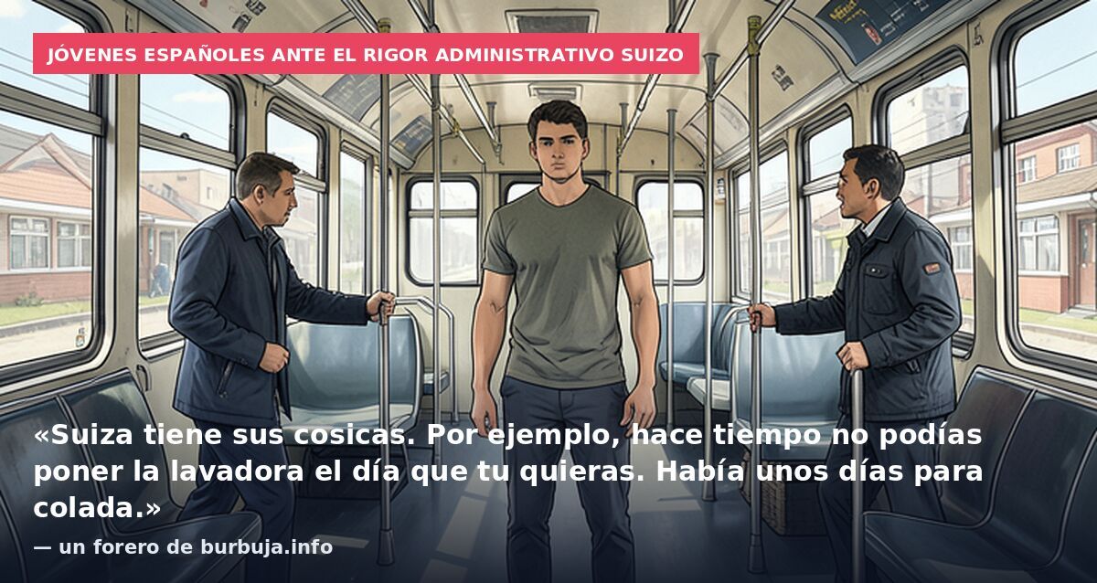Jóvenes españoles ante el rigor administrativo suizo: «Suiza tiene sus cosicas. Por ejemplo, hace tiempo no podías poner la lavadora el día que tu quieras. Había unos días para colada.» — un forero de burbuja.info