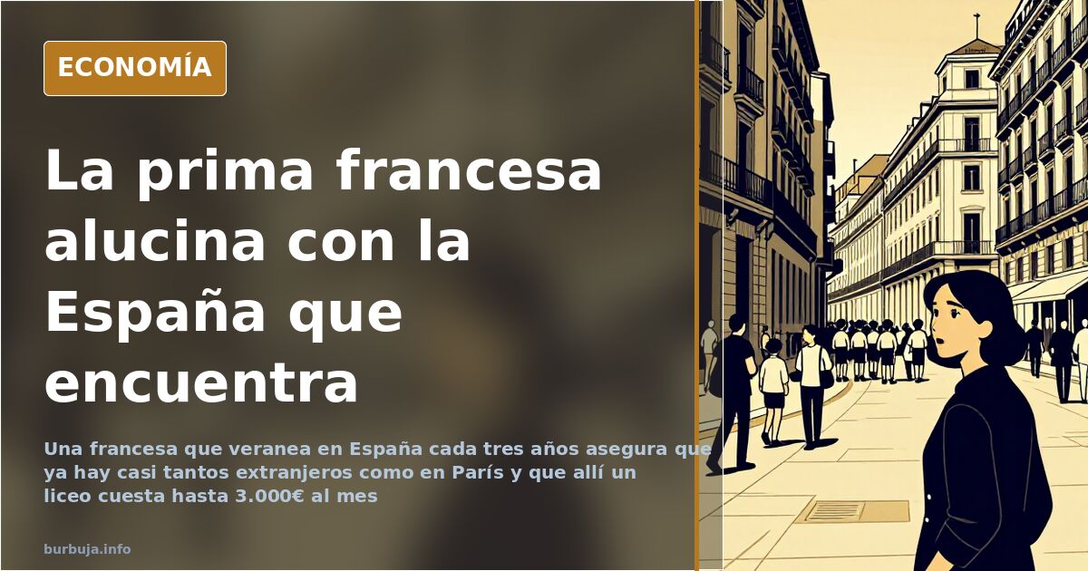 Turista con maleta observando una calle española concurrida, con la bandera francesa reflejada en el escaparate