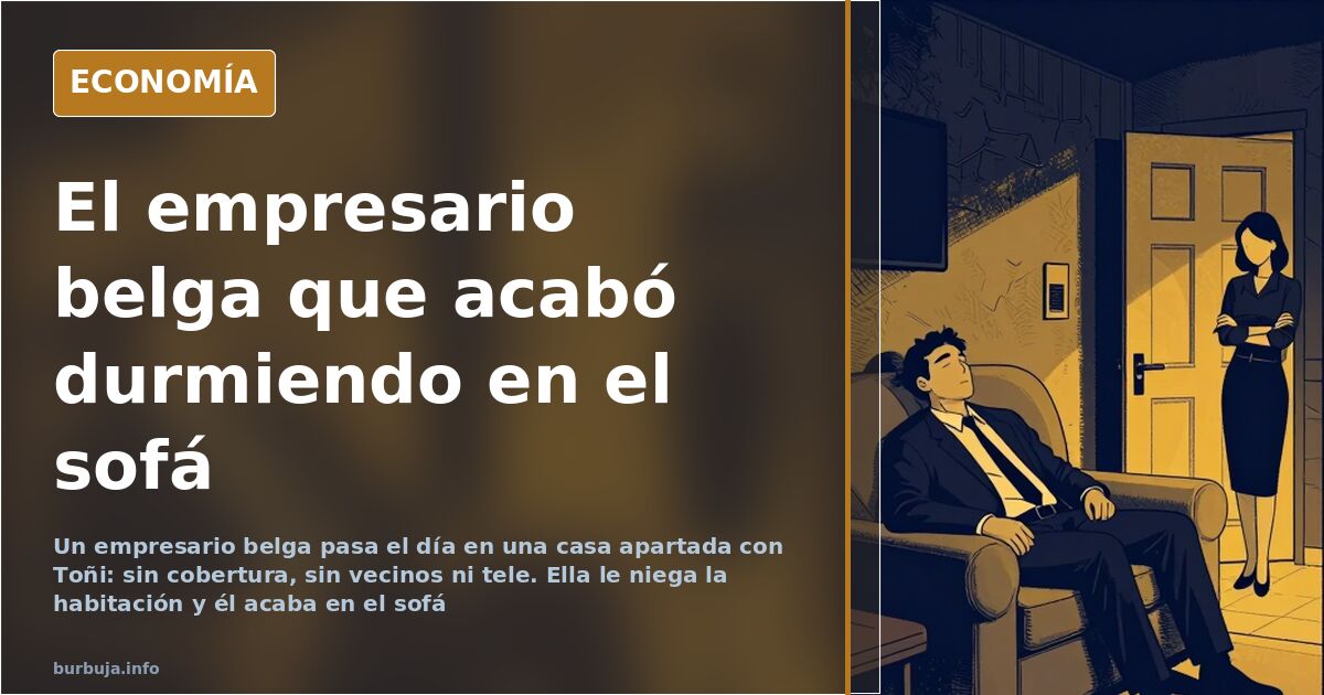 Ilustración editorial: un empresario belga junto a un sofá en el interior de una casa apartada