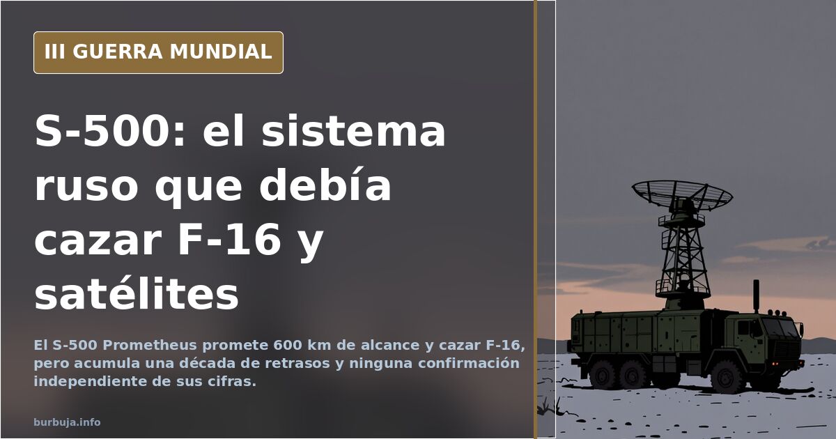 Ilustración documental de un lanzador móvil S-500 Prometheus con dos tubos verticales en un paisaje desaturado