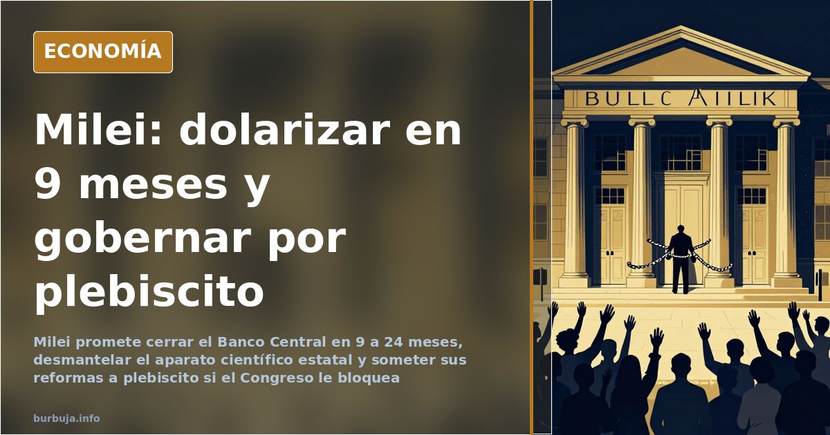 Ilustración editorial de Javier Milei ante un Banco Central en desmantelamiento y un plebiscito nacional sobre la dolarizació