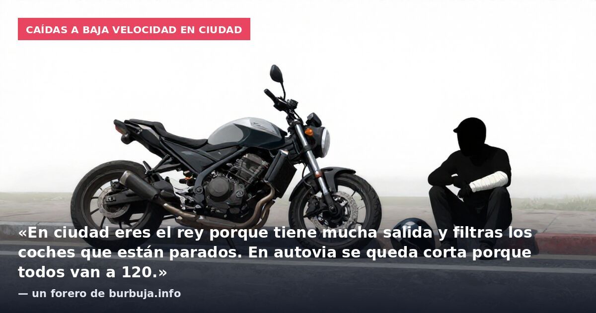 Caídas a baja velocidad en ciudad: «En ciudad eres el rey porque tiene mucha salida y filtras los coches que están parados. En autovia se queda corta porque todos van a 120.» — un forero de burbuja.info