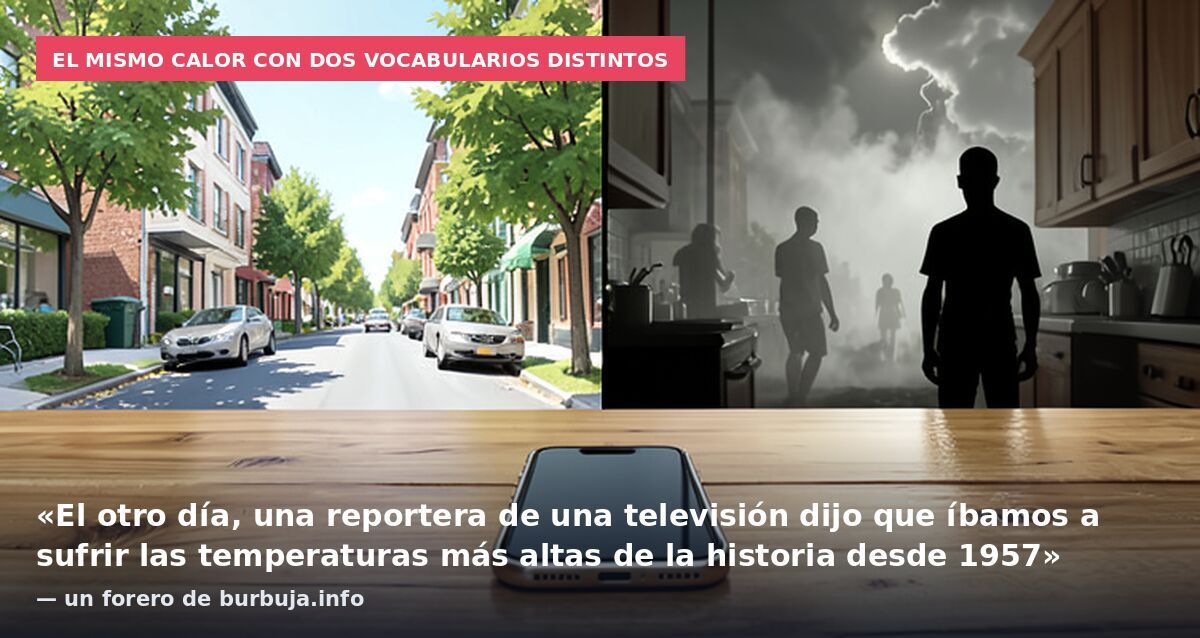 El mismo calor con dos vocabularios distintos: «El otro día, una reportera de una televisión dijo que íbamos a sufrir las temperaturas más altas de la historia desde 1957» — un forero de burbuja.info