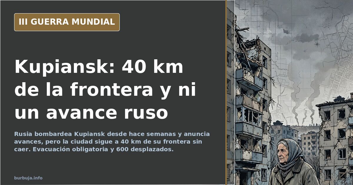 Mapa del frente de Kupiansk en el noreste de Ucrania con siluetas de artillería y humo lejano sobre la ciudad