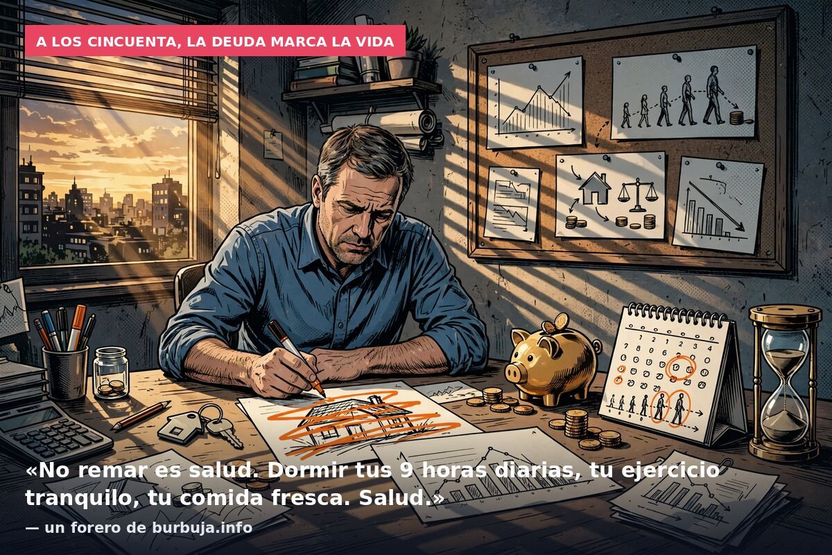 A los cincuenta, la deuda marca la vida: «No remar es salud. Dormir tus 9 horas diarias, tu ejercicio tranquilo, tu comida fresca. Salud.» — un forero de burbuja.info