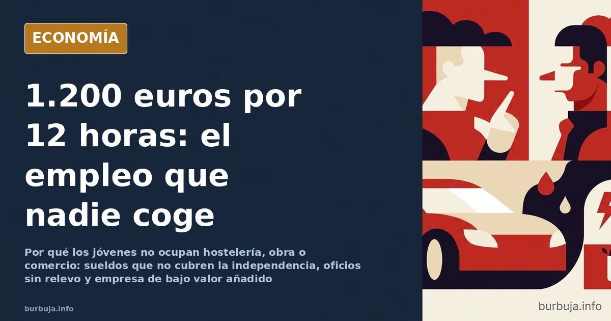 Joven con delantal tras la barra vacía de un bar junto a un cartel de oferta de empleo por 1.200 euros en el cristal