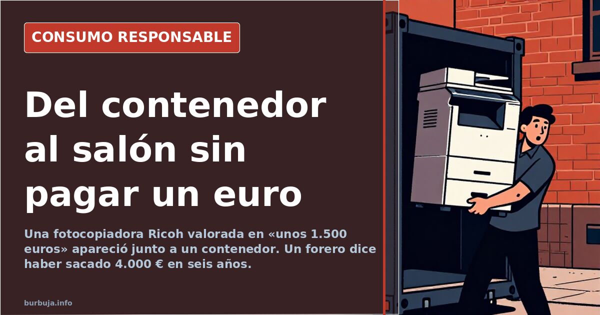 Impresora y muebles rescatados junto a un contenedor de basura en la calle, un ejemplo de reciclaje y consumo responsable