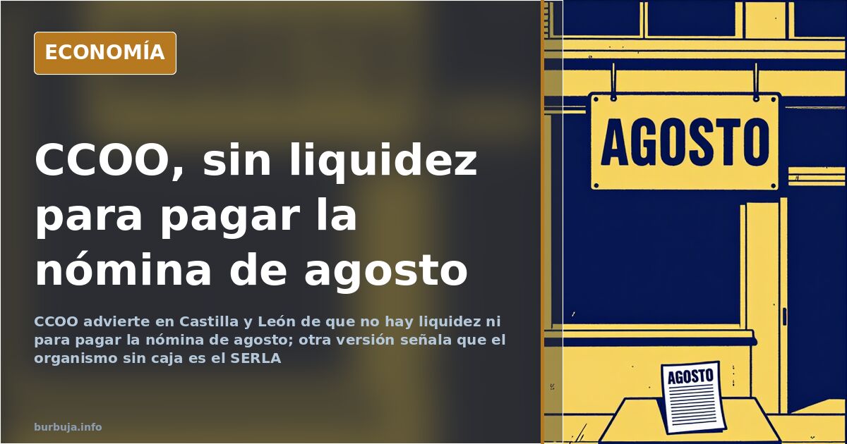 Fachada de una sede sindical de CCOO con pancarta desplegada, ilustración editorial en azul marino y oro