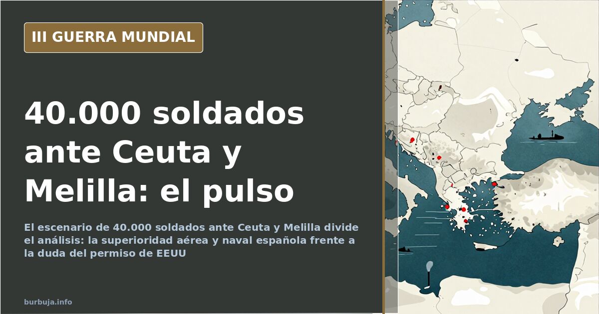 Ilustración desaturada del estrecho de Gibraltar con Ceuta y Melilla señaladas y siluetas de buques de guerra en el horizonte