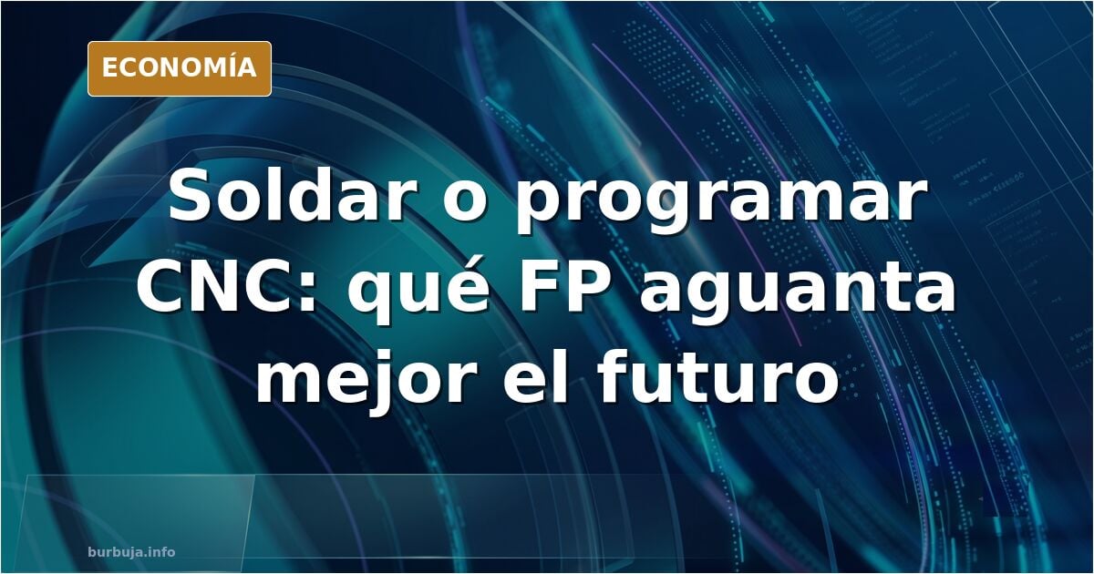 Ilustración editorial de un taller industrial con una fresadora CNC y un soldador trabajando, en tonos azul marino y dorado