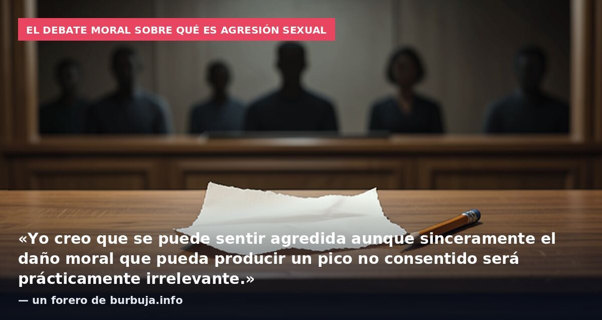 El debate moral sobre qué es agresión sexual: «Yo creo que se puede sentir agredida aunque sinceramente el daño moral que pueda producir un pico no consentido será prácticamente irrelevante.» — un forero de burbuja.info