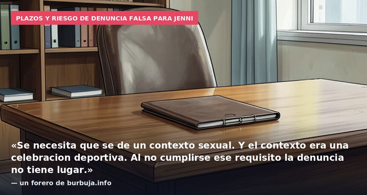 Plazos y riesgo de denuncia falsa para Jenni: «Se necesita que se de un contexto sexual. Y el contexto era una celebracion deportiva. Al no cumplirse ese requisito la denuncia no tiene lugar.» — un forero de burbuja.info