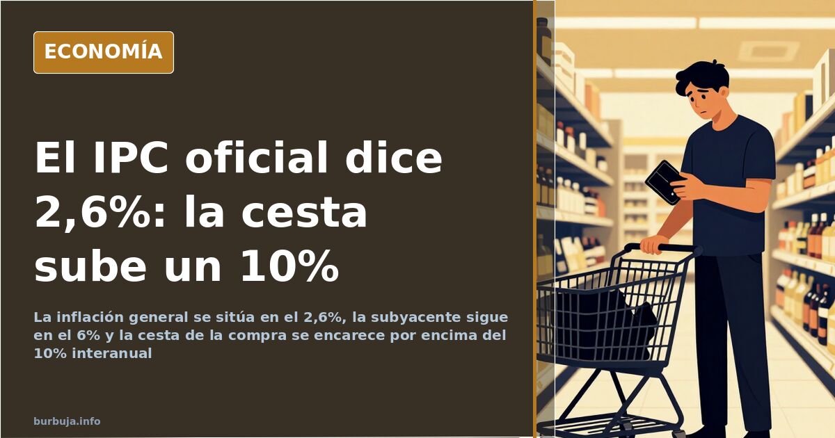 Carrito de supermercado con etiquetas de precio, con la inflación al 2,6% y la subyacente al 6% de fondo
