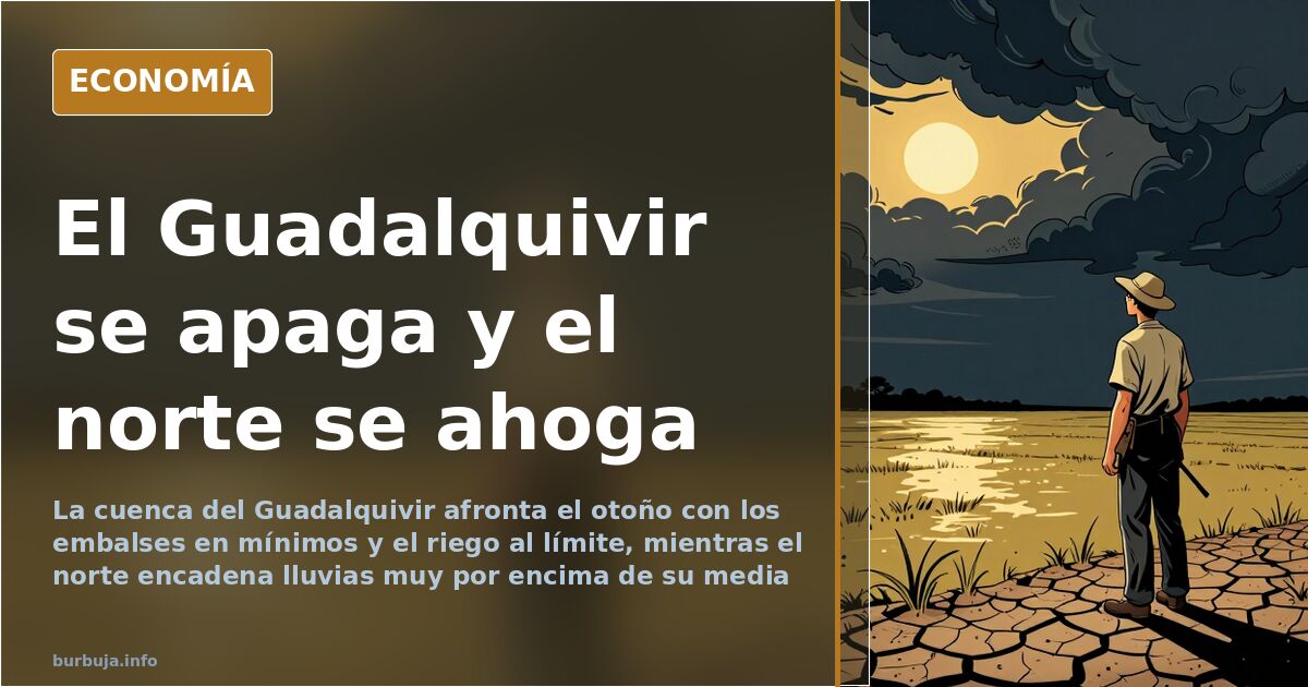 Embalse del Guadalquivir con el nivel muy bajo y orillas de tierra seca, junto a un campo de regadío andaluz en primer plano