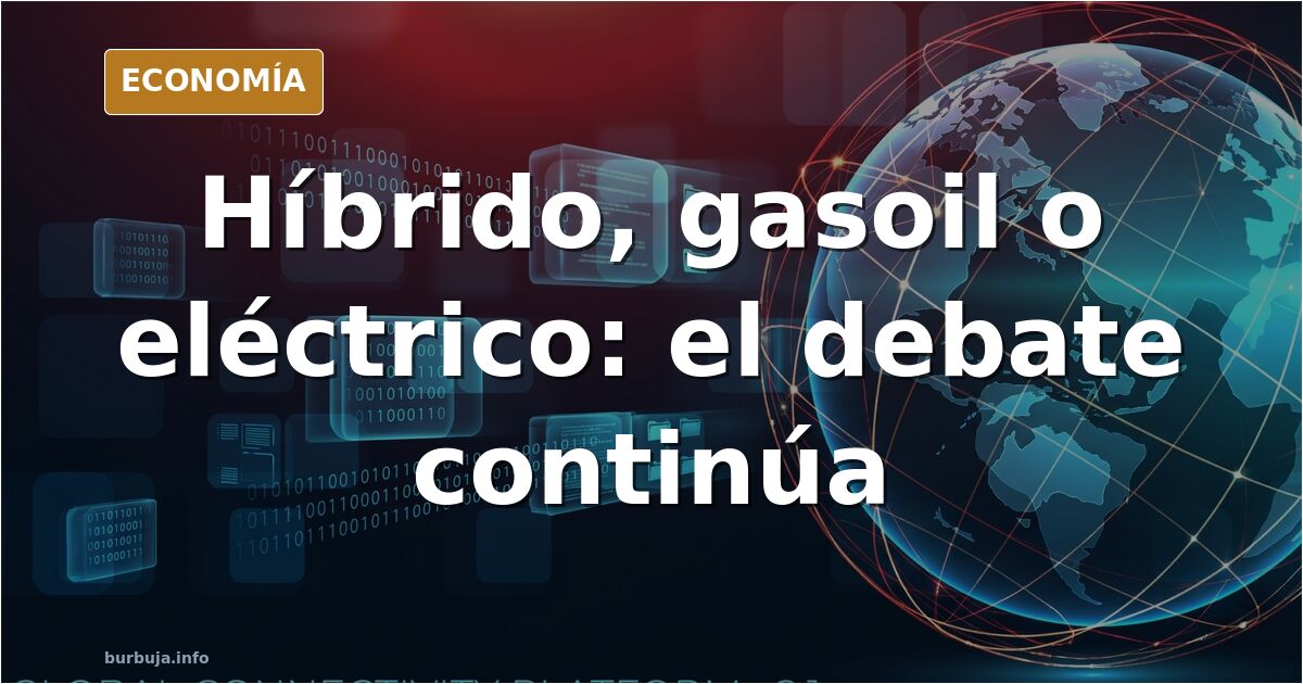 Ilustración editorial de un coche híbrido aparcado junto a un punto de recarga urbano y placas solares al fondo