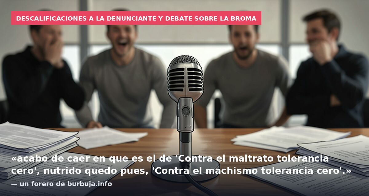 Descalificaciones a la denunciante y debate sobre la broma: «acabo de caer en que es el de 'Contra el maltrato tolerancia cero', nutrido quedo pues, 'Contra el machismo tolerancia cero'.» — un forero de burbuja.info