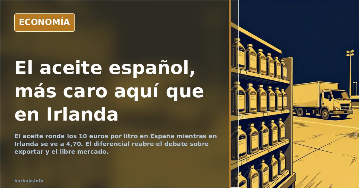 Estantería de supermercado con garrafas de aceite de oliva y etiquetas de precio bajo una luz fría