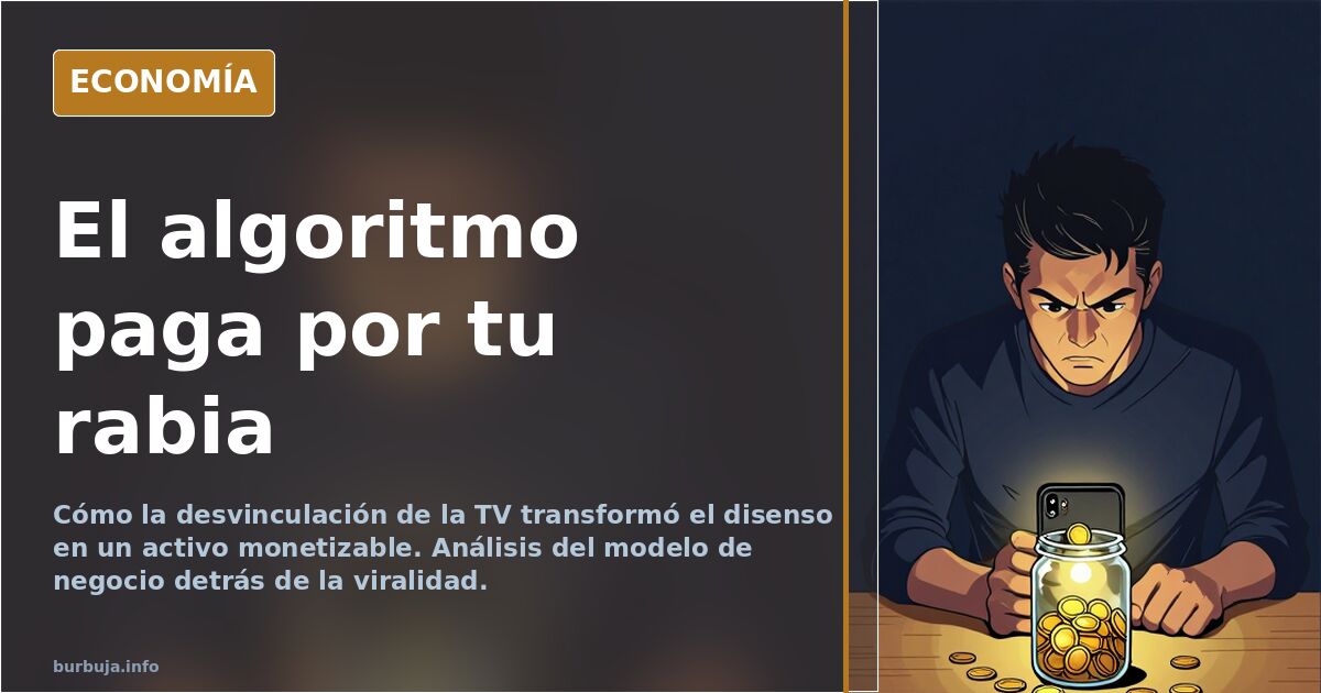 Ilustración editorial de un creador digital frente a una pantalla con gráficos de algoritmo y monedas, estilo sobrio navy y g