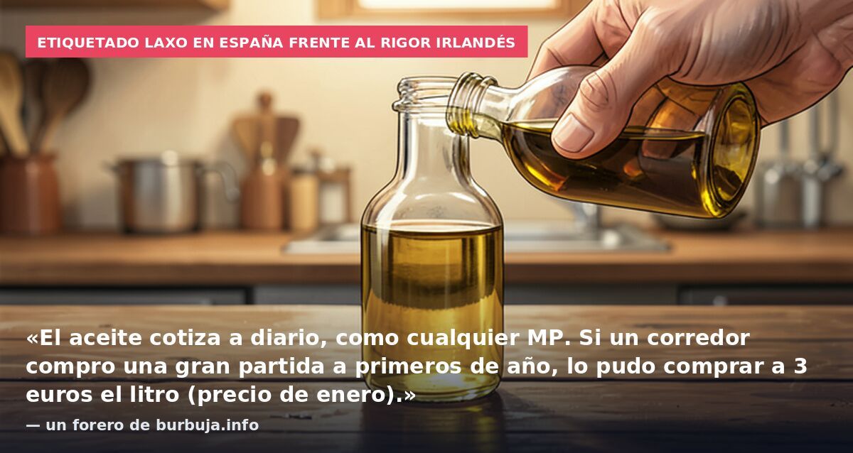 Etiquetado laxo en España frente al rigor irlandés: «El aceite cotiza a diario, como cualquier MP. Si un corredor compro una gran partida a primeros de año, lo pudo comprar a 3 euros el litro (precio de enero).» — un forero de burbuja.info