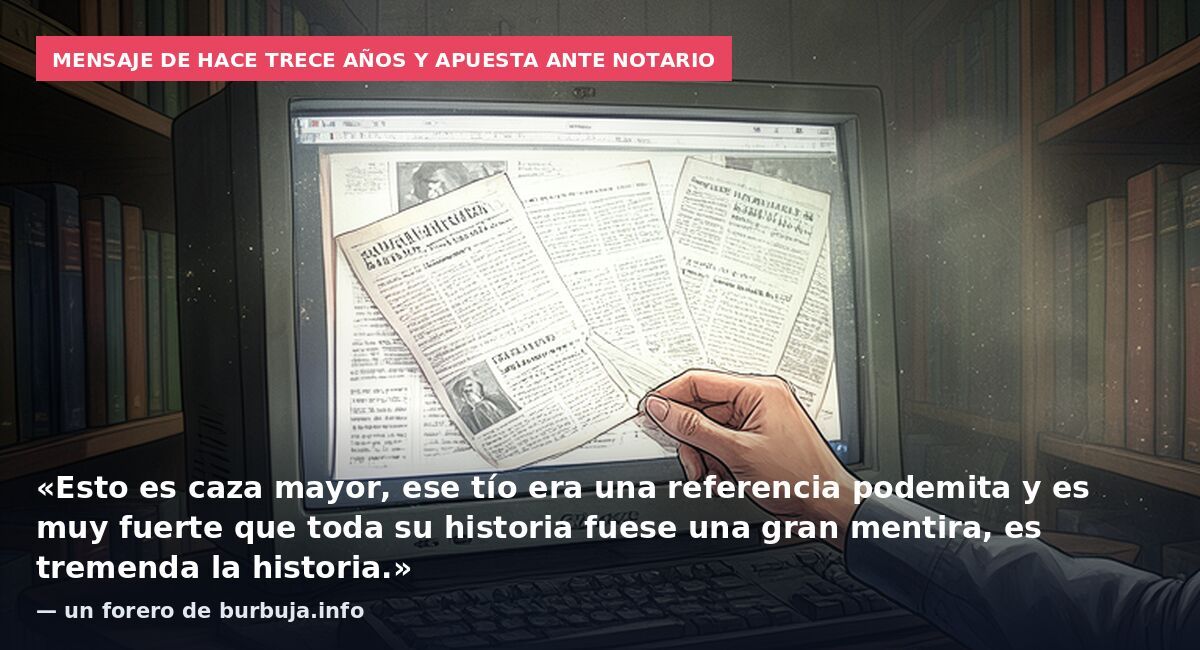 Mensaje de hace trece años y apuesta ante notario: «Esto es caza mayor, ese tío era una referencia podemita y es muy fuerte que toda su historia fuese una gran mentira, es tremenda la historia.» — un forero de burbuja.info