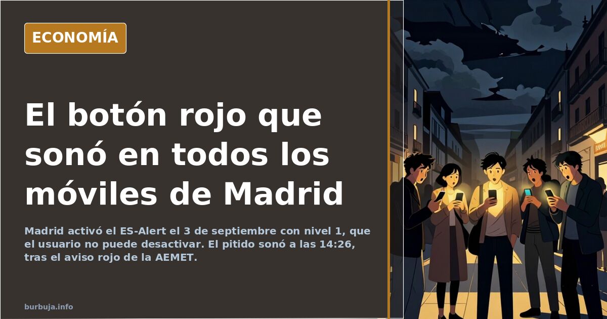 Ilustración editorial de un smartphone emitiendo una alerta ES-Alert estridente sobre un fondo azul marino y dorado