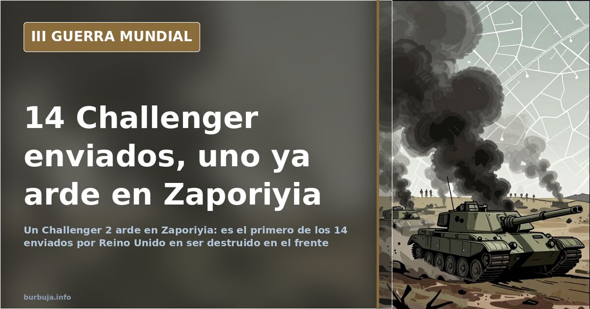Blindado Challenger 2 británico dañado en el frente de Zaporiyia con humo sobre el horizonte