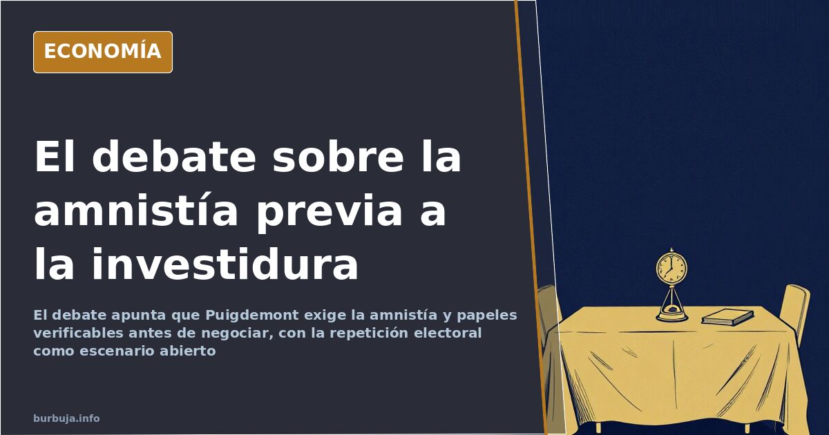 Ilustración editorial de una mesa de negociación vacía con dos sillas enfrentadas y un reloj de arena, investidura pendiente