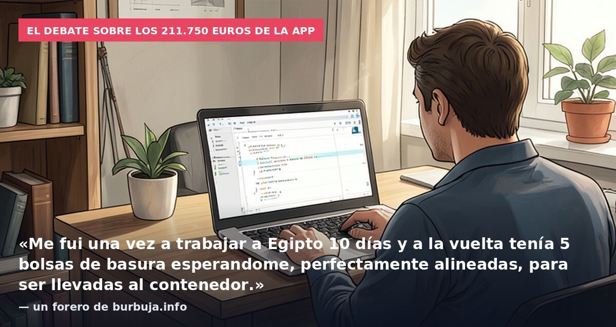 El debate sobre los 211.750 euros de la app: «Me fui una vez a trabajar a Egipto 10 días y a la vuelta tenía 5 bolsas de basura esperandome, perfectamente alineadas, para ser llevadas al contenedor.» — un forero de burbuja.info