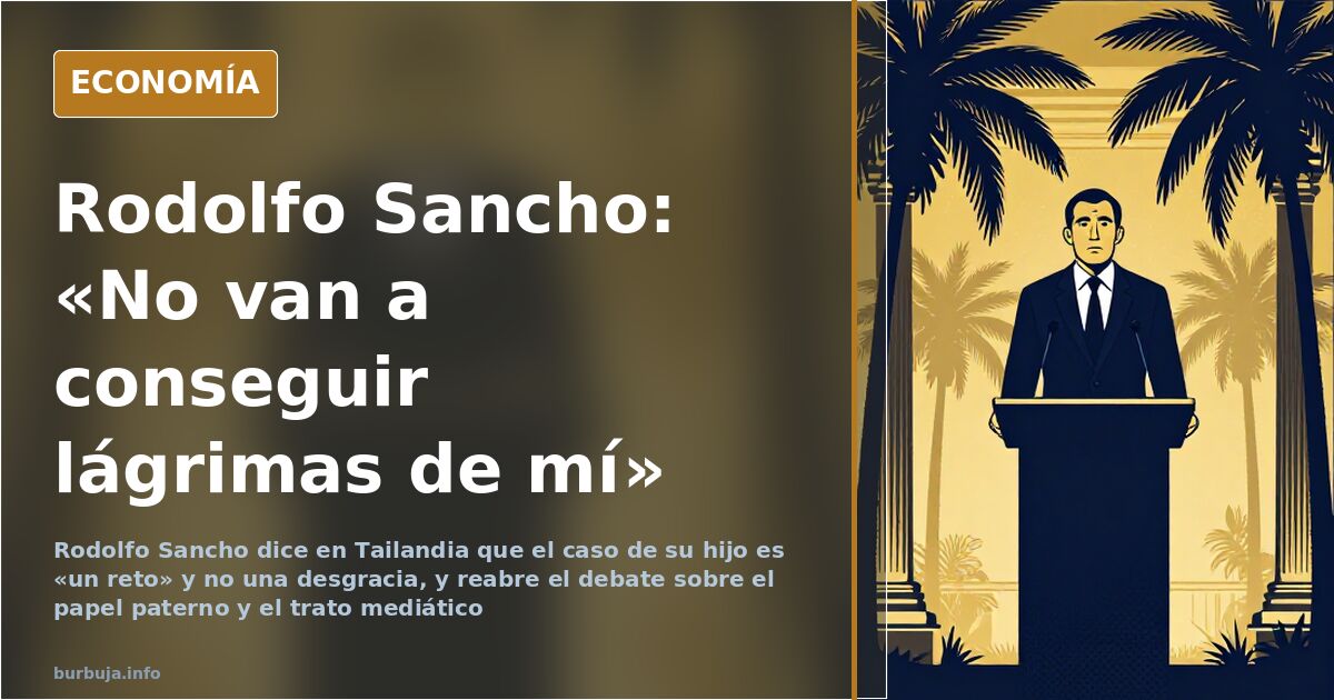 Ilustración editorial de Rodolfo Sancho ante los micrófonos en Tailandia durante sus declaraciones sobre el caso de su hijo