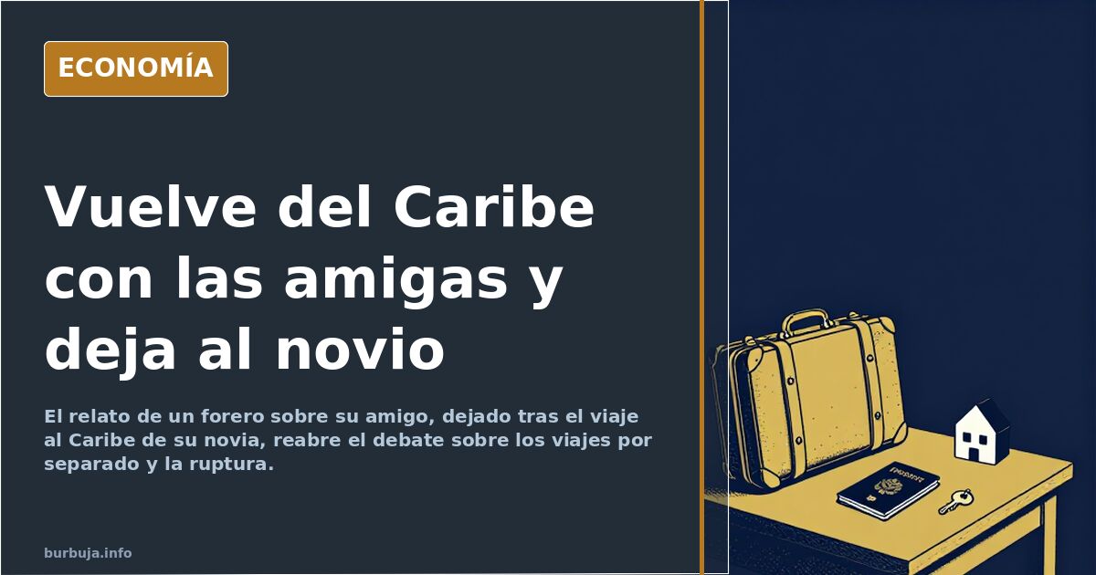 Maleta cerrada y pasaporte sobre una mesa junto a un teléfono apagado, ilustración editorial sobre la ruptura tras un viaje d