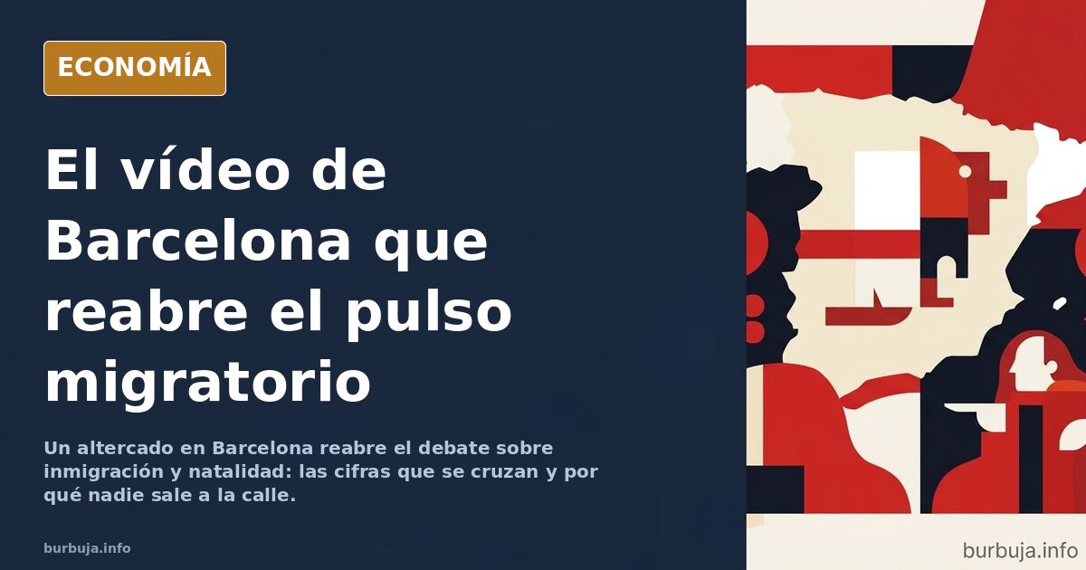 Escena nocturna en una calle de Barcelona con viandantes y un grupo de jóvenes, ilustración editorial sobre el debate migrato