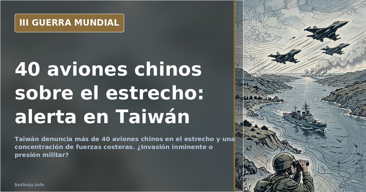 Mapa del estrecho de Taiwán con siluetas de buques y aviones militares y humo lejano en el horizonte