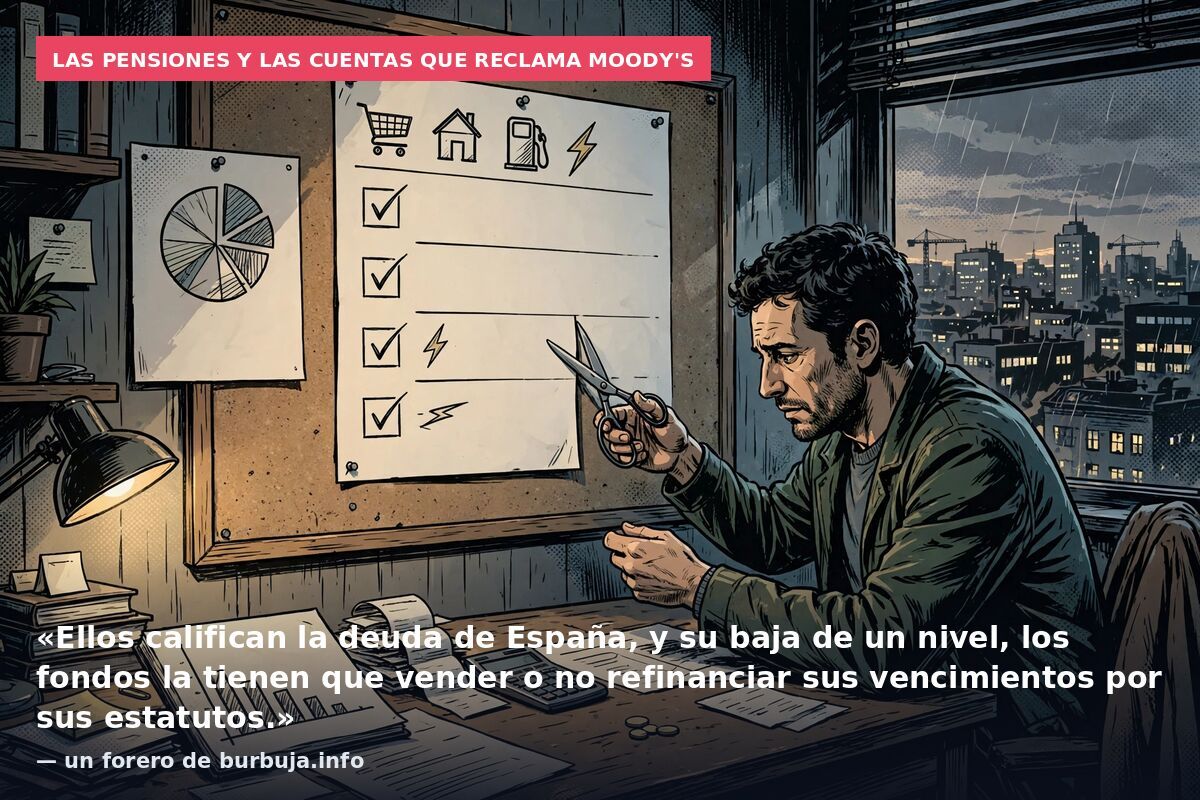 Las pensiones y las cuentas que reclama Moody's: «Ellos califican la deuda de España, y su baja de un nivel, los fondos la tienen que vender o no refinanciar sus vencimientos por sus estatutos.» — un forero de burbuja.info
