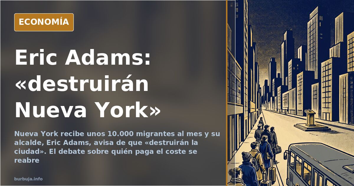 Ilustración editorial de una calle de Nueva York con autobuses de migrantes llegando y colas ante un albergue urbano