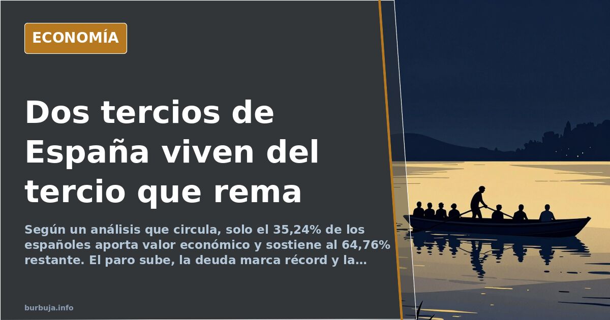 Ilustración editorial de una balanza con un tercio de figuras sosteniendo a dos tercios, en tonos azul marino y dorado