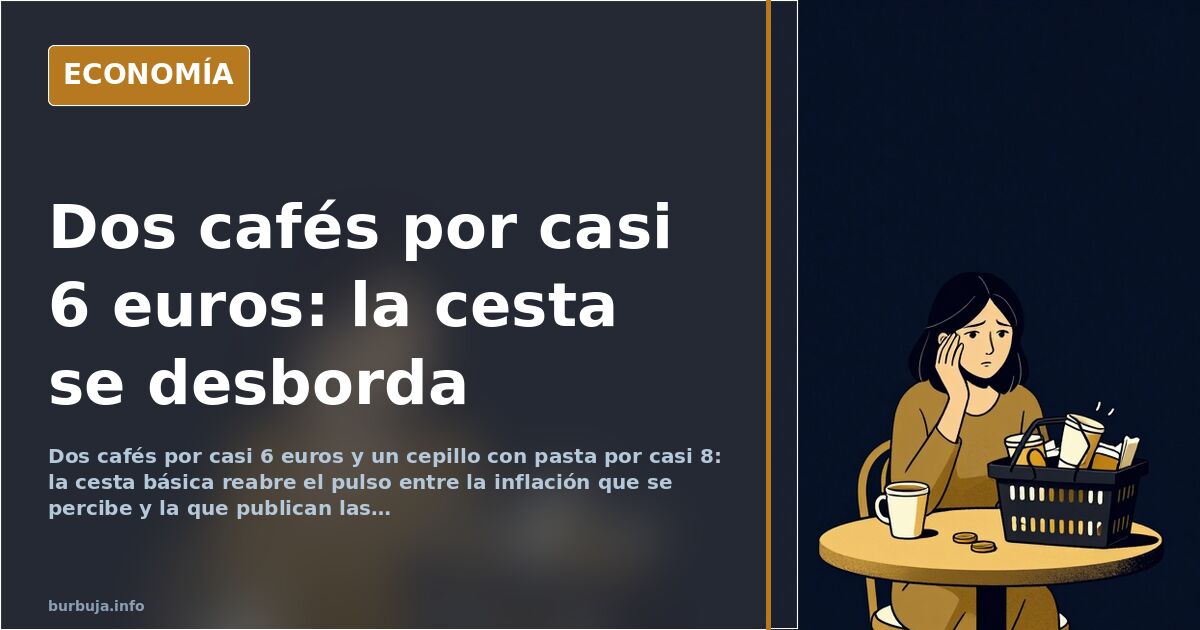 Ticket de supermercado con dos cafés, un tubo de pasta de dientes y un cepillo para ilustrar el coste de la cesta básica