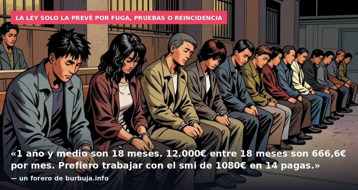 La ley solo la prevé por fuga, pruebas o reincidencia: «1 año y medio son 18 meses. 12.000€ entre 18 meses son 666,6€ por mes. Prefiero trabajar con el smi de 1080€ en 14 pagas.» — un forero de burbuja.info