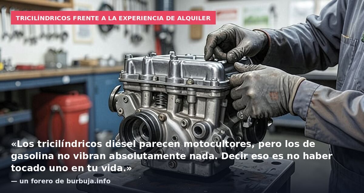 Tricilíndricos frente a la experiencia de alquiler: «Los tricilíndricos diésel parecen motocultores, pero los de gasolina no vibran absolutamente nada. Decir eso es no haber tocado uno en tu vida.» — un forero de burbuja.info