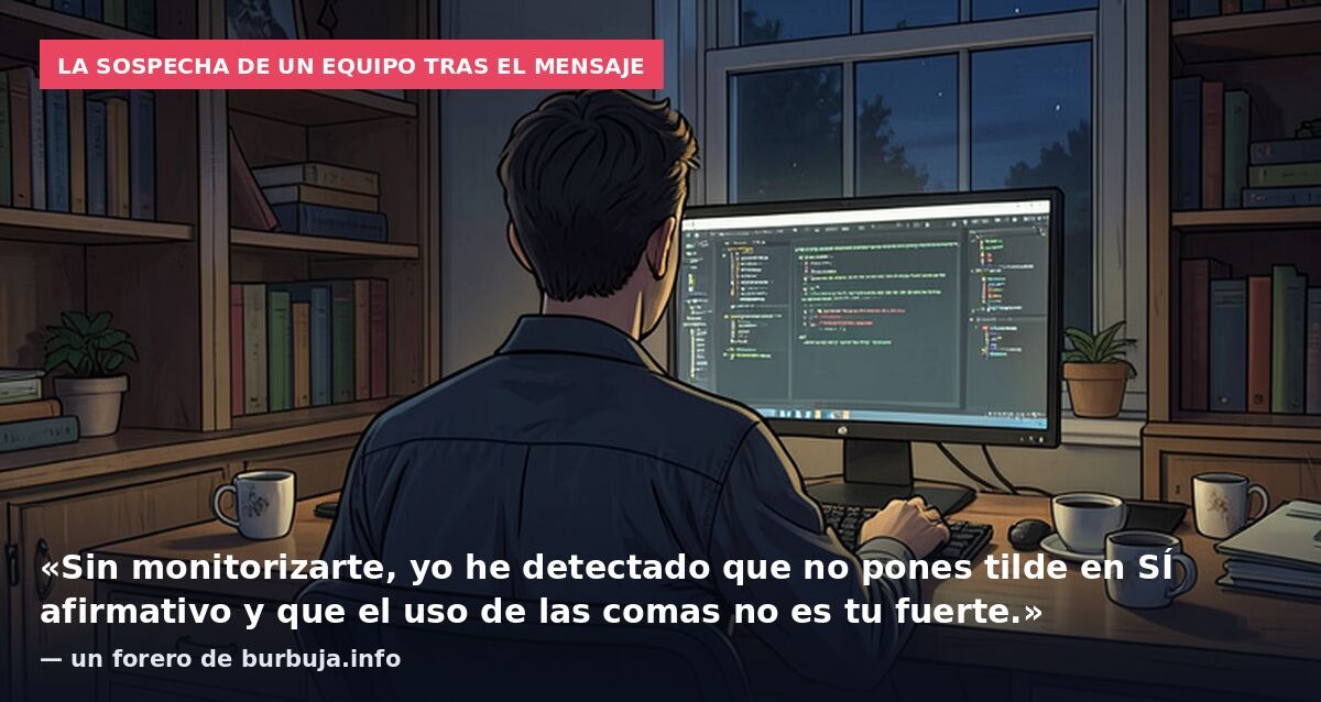 La sospecha de un equipo tras el mensaje: «Sin monitorizarte, yo he detectado que no pones tilde en SÍ afirmativo y que el uso de las comas no es tu fuerte.» — un forero de burbuja.info