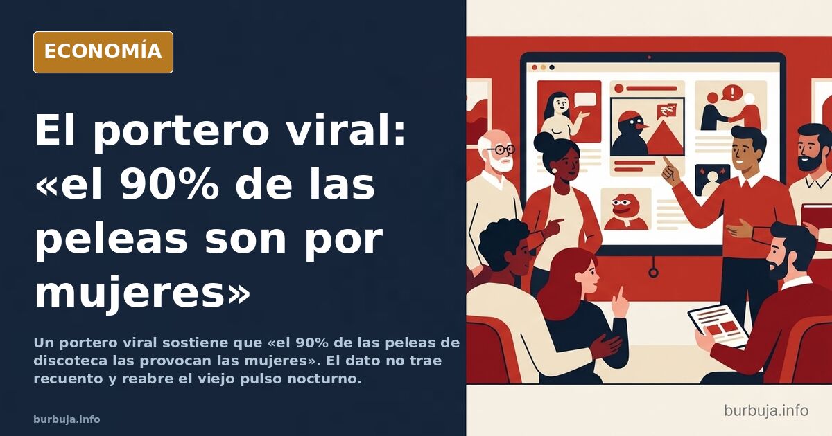 Silueta de un portero de discoteca de espaldas en la puerta de un local nocturno, con multitud al fondo, ilustración editoria