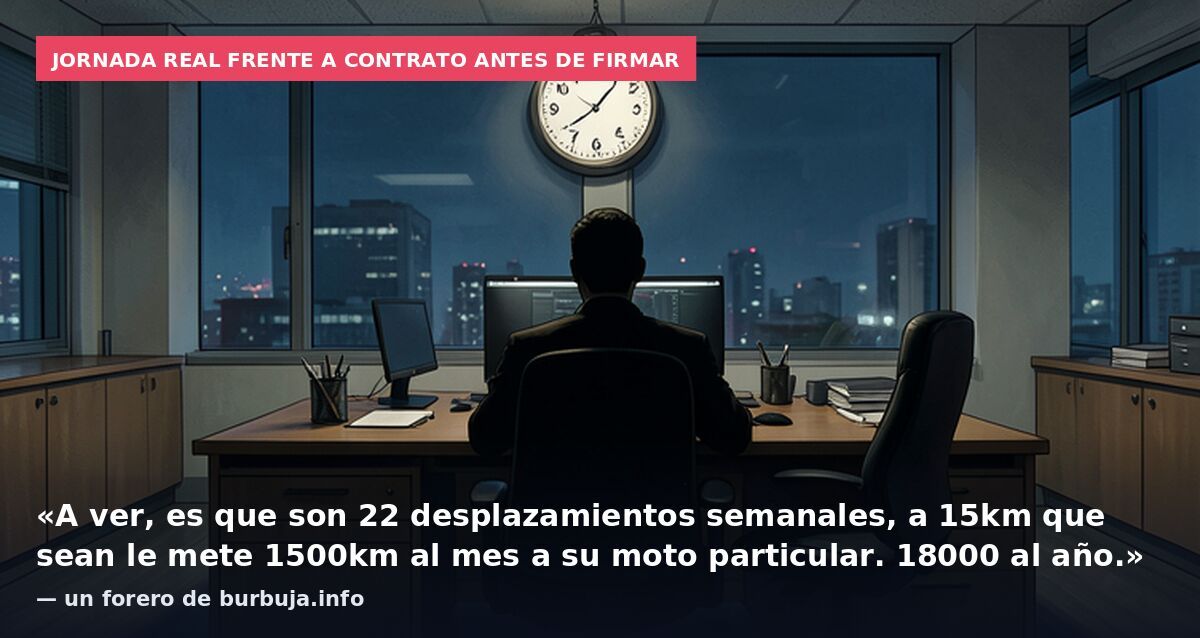 Jornada real frente a contrato antes de firmar: «A ver, es que son 22 desplazamientos semanales, a 15km que sean le mete 1500km al mes a su moto particular. 18000 al año.» — un forero de burbuja.info