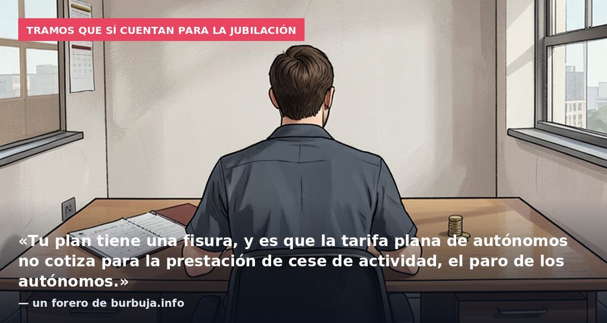 Tramos que sí cuentan para la jubilación: «Tu plan tiene una fisura, y es que la tarifa plana de autónomos no cotiza para la prestación de cese de actividad, el paro de los autónomos.» — un forero de burbuja.info