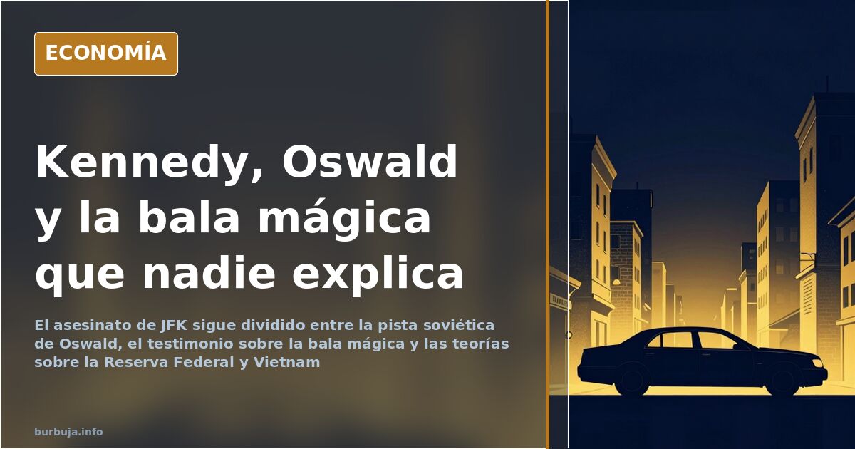 Ilustración editorial sobre el asesinato de Kennedy y la teoría de la bala mágica en la plaza Dealey de Dallas