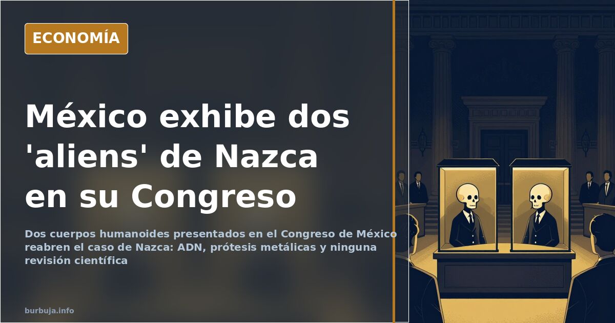Dos cuerpos alienígenas pequeños en una vitrina durante su presentación en el Congreso de México