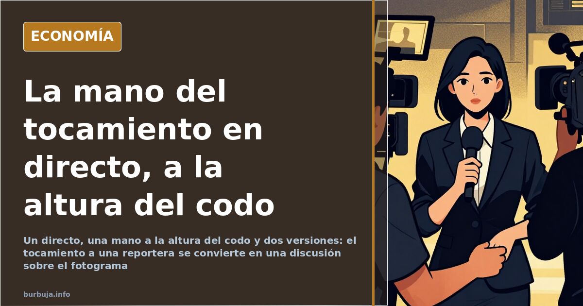 Fotograma de un directo televisivo en el que una mano se posa sobre la espalda de una periodista que está informando