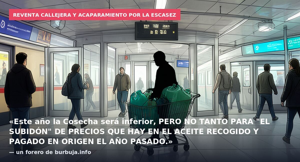 Reventa callejera y acaparamiento por la escasez: «Este año la Cosecha será inferior, PERO NO TANTO PARA "EL SUBIDÓN" DE PRECIOS QUE HAY EN EL ACEITE RECOGIDO Y PAGADO EN ORIGEN EL AÑO PASADO.» — un forero de burbuja.info