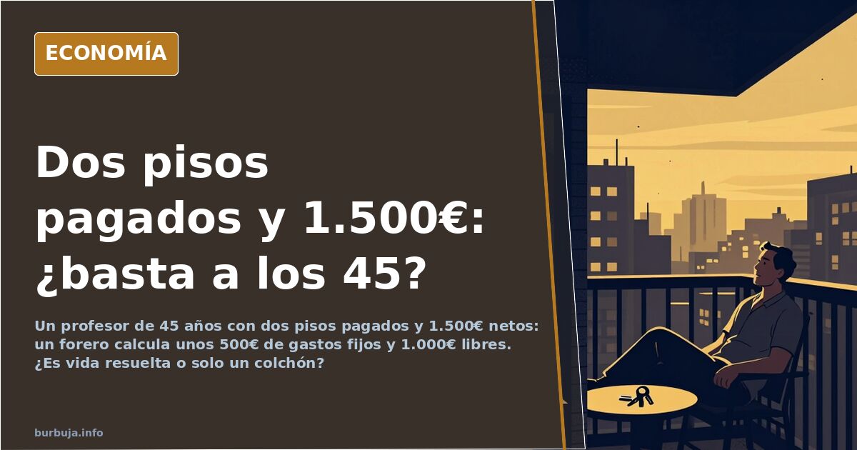 Ilustración editorial de dos edificios de viviendas pagados y una calculadora con gastos fijos mensuales sobre fondo azul mar