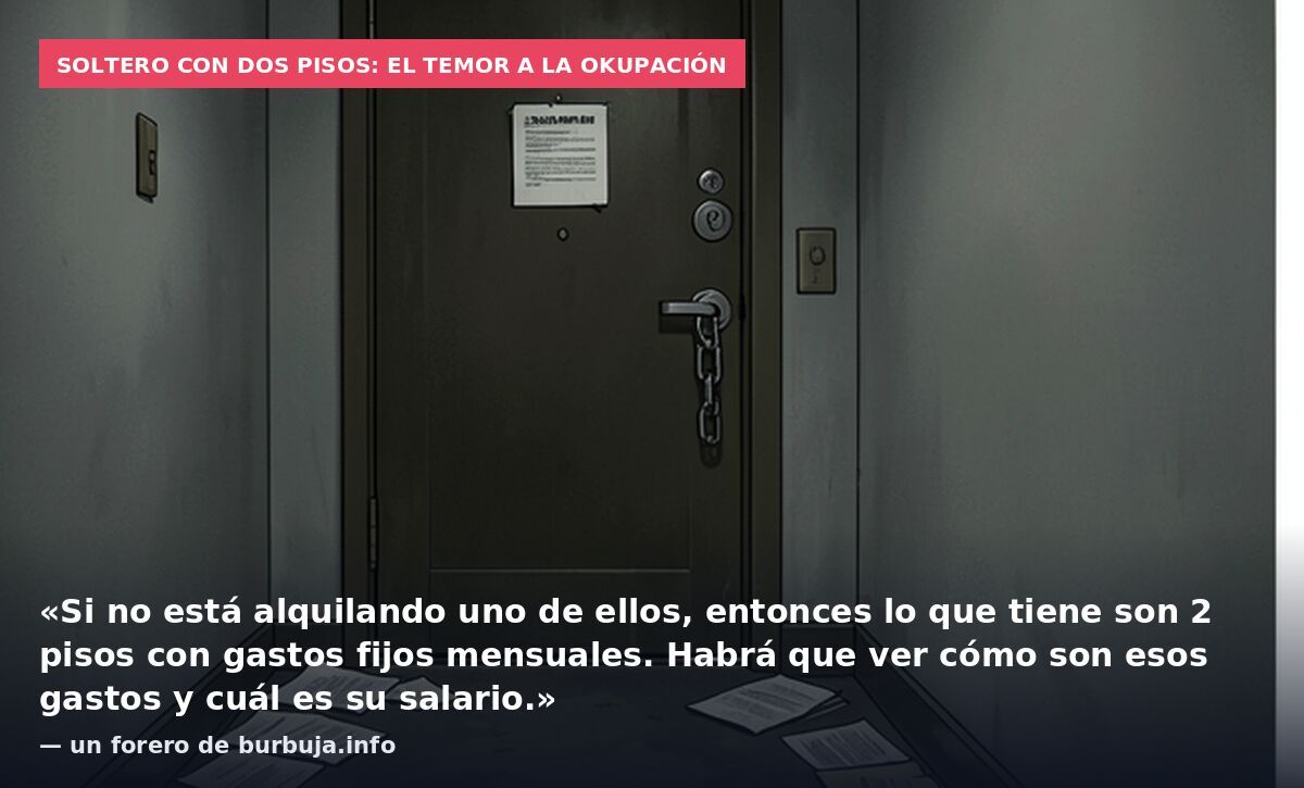 Soltero con dos pisos: el temor a la okupación: «Si no está alquilando uno de ellos, entonces lo que tiene son 2 pisos con gastos fijos mensuales. Habrá que ver cómo son esos gastos y cuál es su salario.» — un forero de burbuja.info
