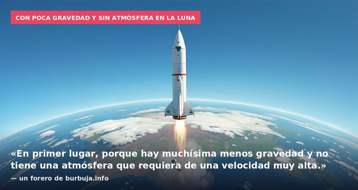 Con poca gravedad y sin atmósfera en la Luna: «En primer lugar, porque hay muchísima menos gravedad y no tiene una atmósfera que requiera de una velocidad muy alta.» — un forero de burbuja.info