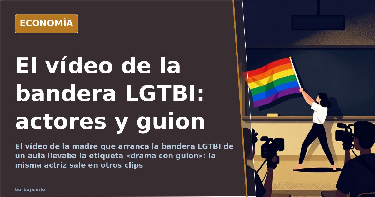 Aula escolar con una bandera LGTBI en la pared y una mujer retirándola mientras una profesora observa la escena